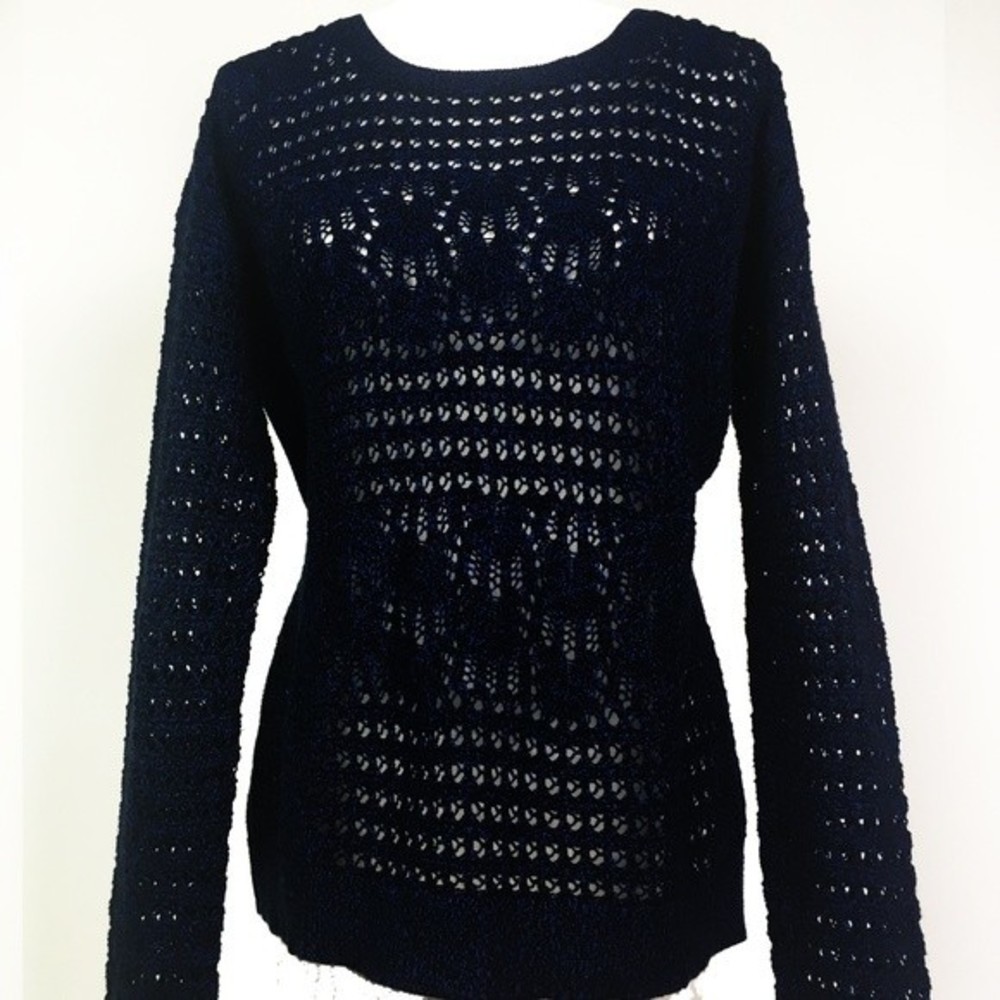 DKNY Crochet Knit Navy Long Sleeve Tunic Sweater